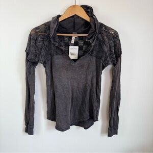 Vintage Y2K Free People Burnout Crochet Lace Hoodie Top Boho XS Grey Bella Swan